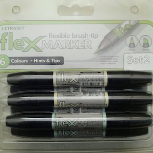 6 x Letraset Promarkers Flexmarker set 2 / colour marker pen set - blues / yellows / grey