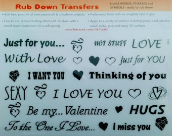 LOVE PHRASES & SYMBOLS - Letraset lots rub on words phrases symbols dry rub down transfers