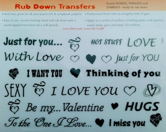 LOVE PHRASES & SYMBOLS Valentines crafts - Letraset rub on words phrases symbols dry rub down transfers