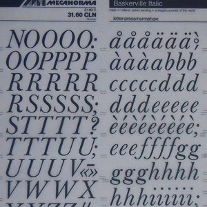 BASKERVILLE ITALIC (9,8 mm-16,4 mm) Transferencias de letras instantáneas Mecanorma (elija el tamaño)