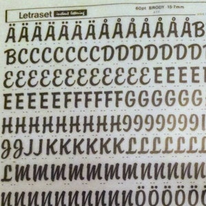 BRODY (60pt/48pt/36pt/30pt) Transferencias de letras y números vintage de Letraset (elija el tamaño de fuente)