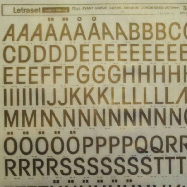 AVANT GARDE Gothic Medium CONDENSED (72pt/48pt/36pt/24pt) Letraset instant rub on letter transfers (choose font size)