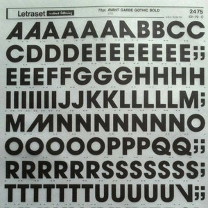 Transferencias de letras y números con efecto frotado de AVANT GARDE GOTHIC Bold (36pt) Letraset (elija el tamaño de fuente)