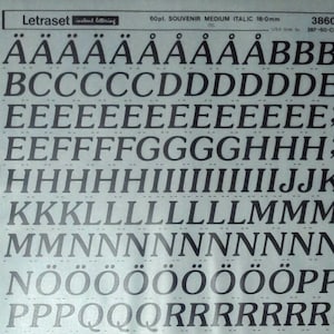SOUVENIR MEDIUM ITALIC - Transferencias de letras/números para frotar con Letraset (elige el tamaño de fuente)