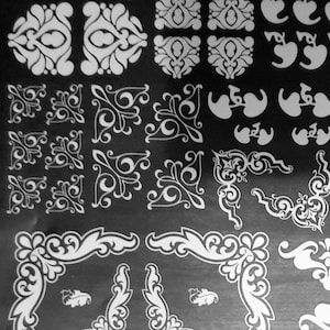 White DECORATIVE CORNERS & BORDERS White Letraset instant rub on transfers / dry decals / furniture transfers / rare vintage transfers