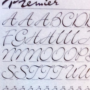 Puede incluir: Una imagen en blanco y negro de una tabla de fuentes para la fuente Bickley Script. La tabla muestra las letras mayúsculas y minúsculas del alfabeto, los números y los signos de puntuación. La fuente es un estilo de escritura cursiva. La tabla está etiquetada como "Letraset PR401" y "Bickley Script".