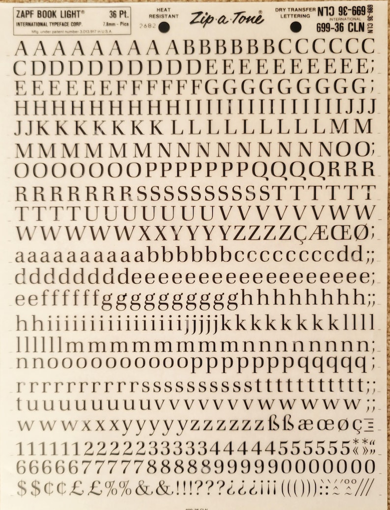 ZAPF BOOK LIGHT (36pt) Zip a Tone Dry Transfer Instant Lettering ...