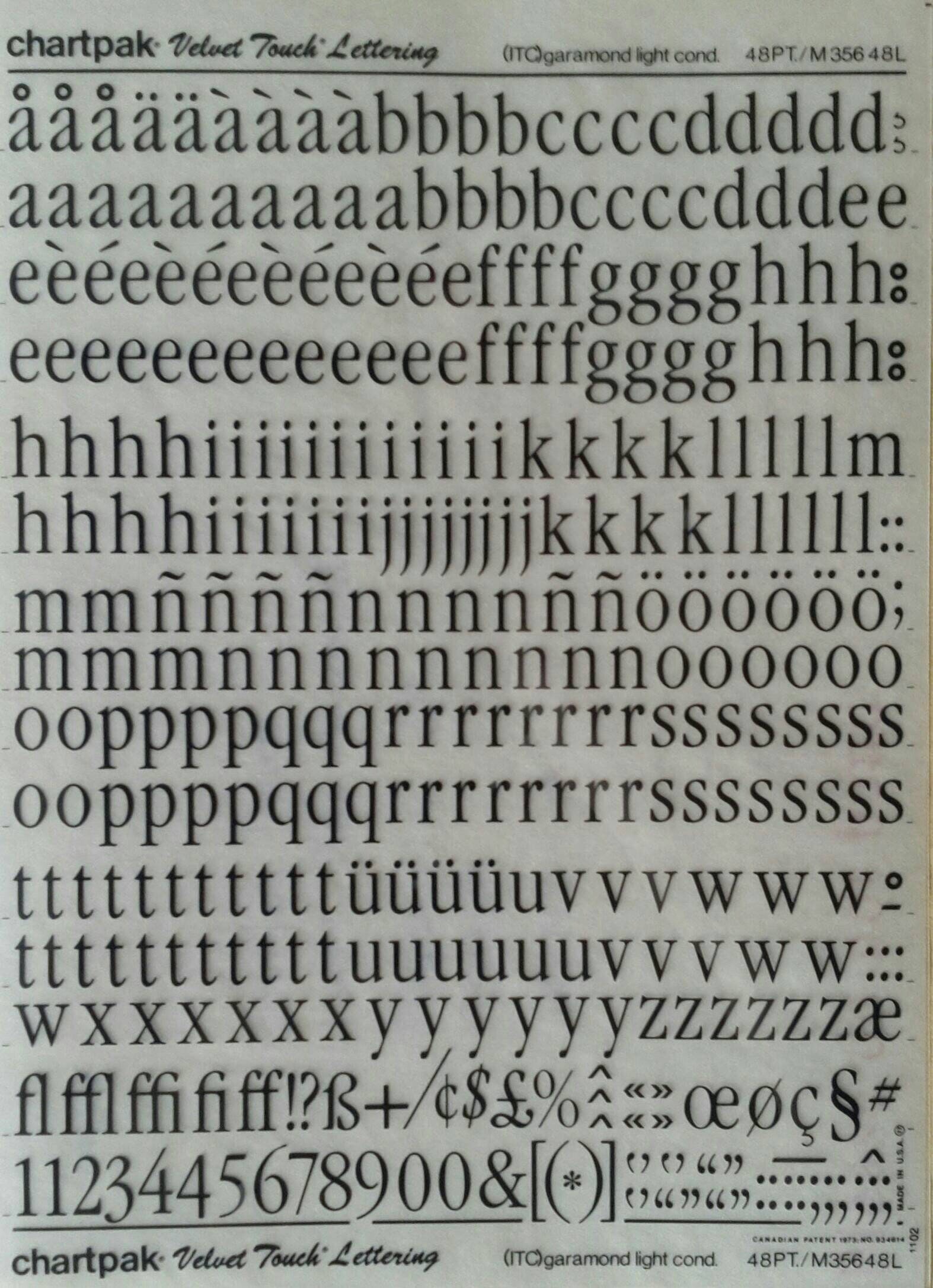 Chartpak Lettering Transfer GARAMOND LIGHT CONDENSED (72pt) Chartpak Letter/number Dry Rub on ...