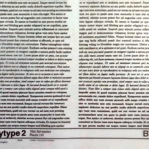 May include: A white paper with two columns of Latin text. The text includes the words "Bodytype 2" and "Plantin 110" in a black rectangle at the bottom. The text is in black.