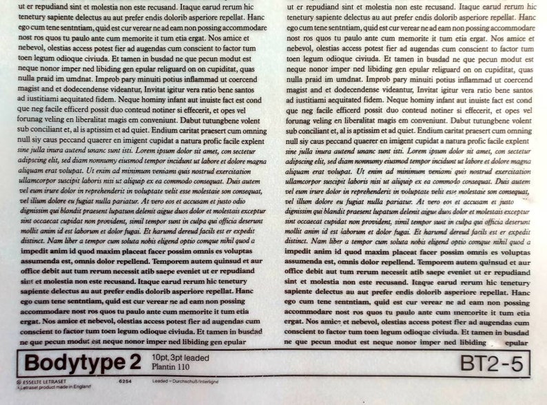May include: A white paper with two columns of Latin text. The text includes the words "Bodytype 2" and "Plantin 110" in a black rectangle at the bottom. The text is in black.