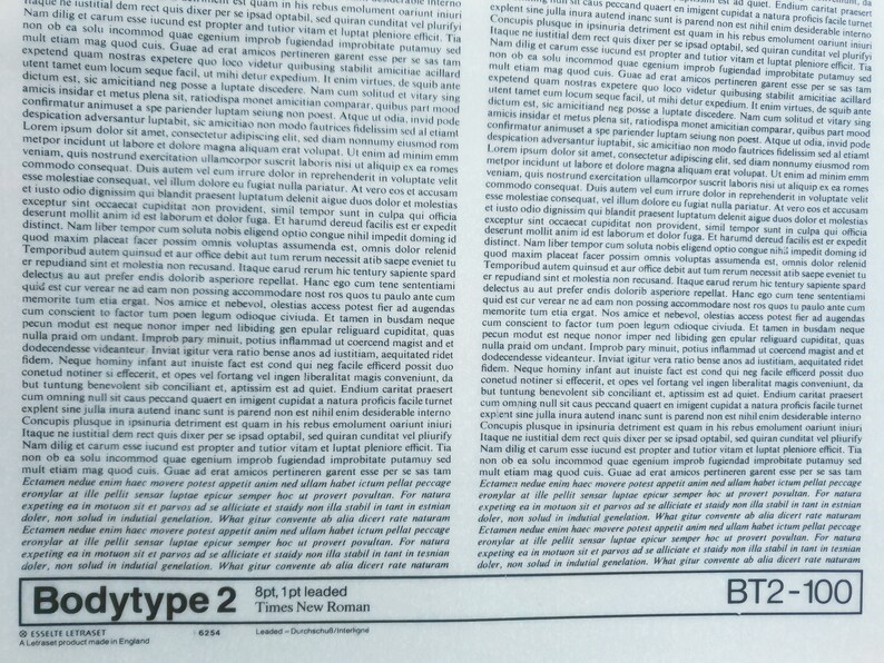 May include: A printed page with dense text, featuring the words "Bodytype 2" and "Times New Roman" at the bottom. The page has a vintage aesthetic, with a faded appearance and a "BT2-100" marking.