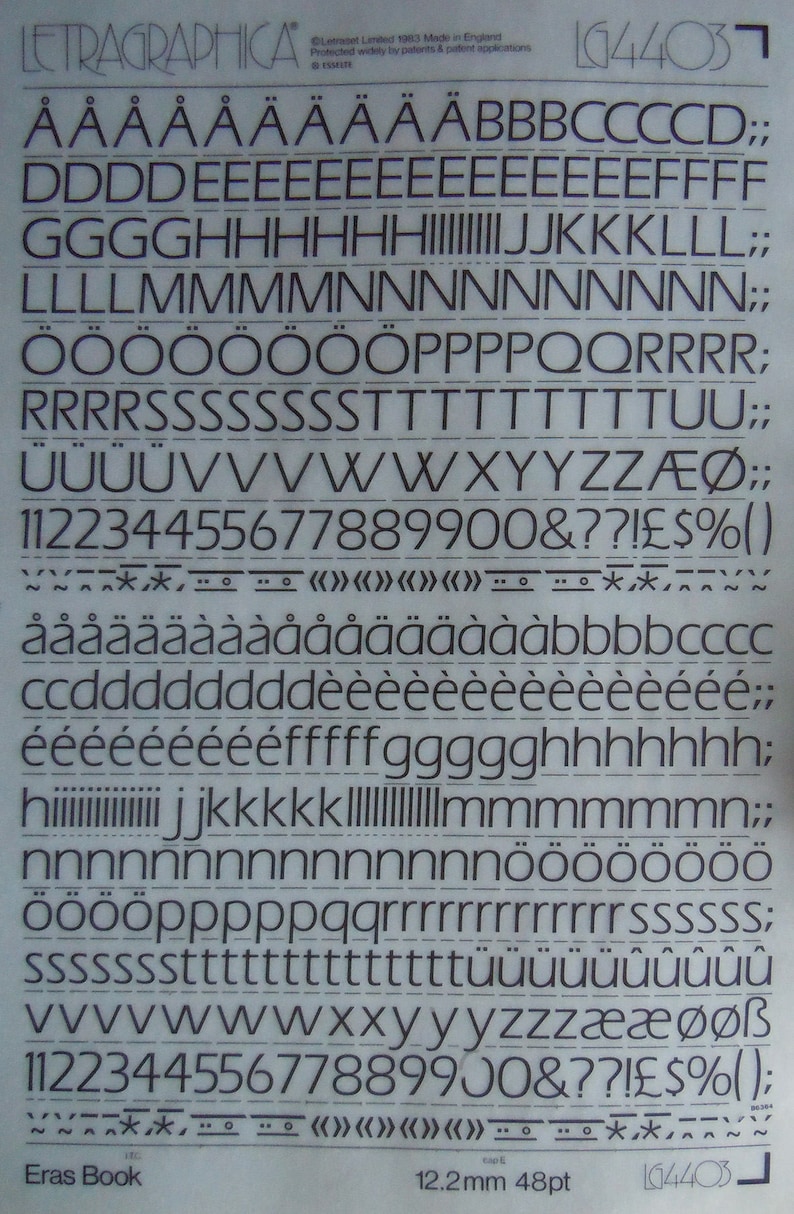 Rep Eras Lettering ERAS BOOK (60pt/48pt/36pt) Letraset Instant Rub on Letter Transfers ...