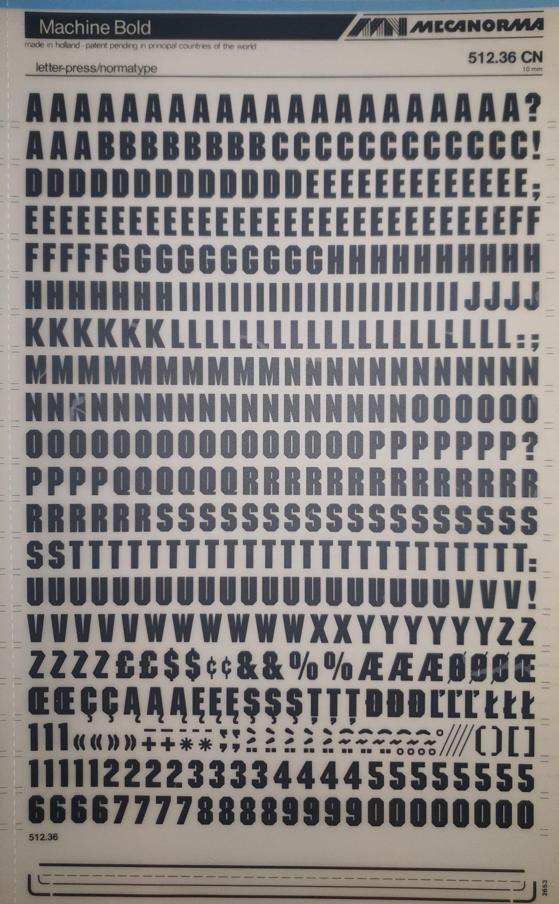 Letraset Machine MACHINE BOLD (72pt/36pt) Mecanorma Dry Rub on Letter Transfers (like ...