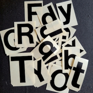 Op de afbeelding: Een verzameling zwarte letterstickers op een lichtbeige achtergrond. De letters zijn in verschillende lettertypen en maten, verspreid over een donkergrijze ondergrond. De letters omvatten 'F', 'd', 'y', 'C', 'R', 'q', 'b', 't' en 'o'.