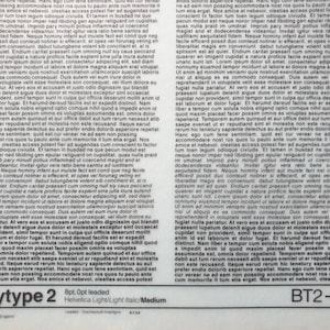 May include: A black and white printed sheet with the text "Bodytype 2" and "BT2-2800". The sheet contains lines of text in a sans-serif font. The text is in English. The sheet is on a white background.