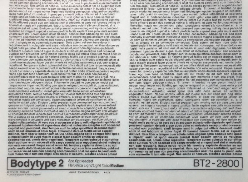 May include: A black and white printed sheet with the text "Bodytype 2" and "BT2-2800". The sheet contains lines of text in a sans-serif font. The text is in English. The sheet is on a white background.