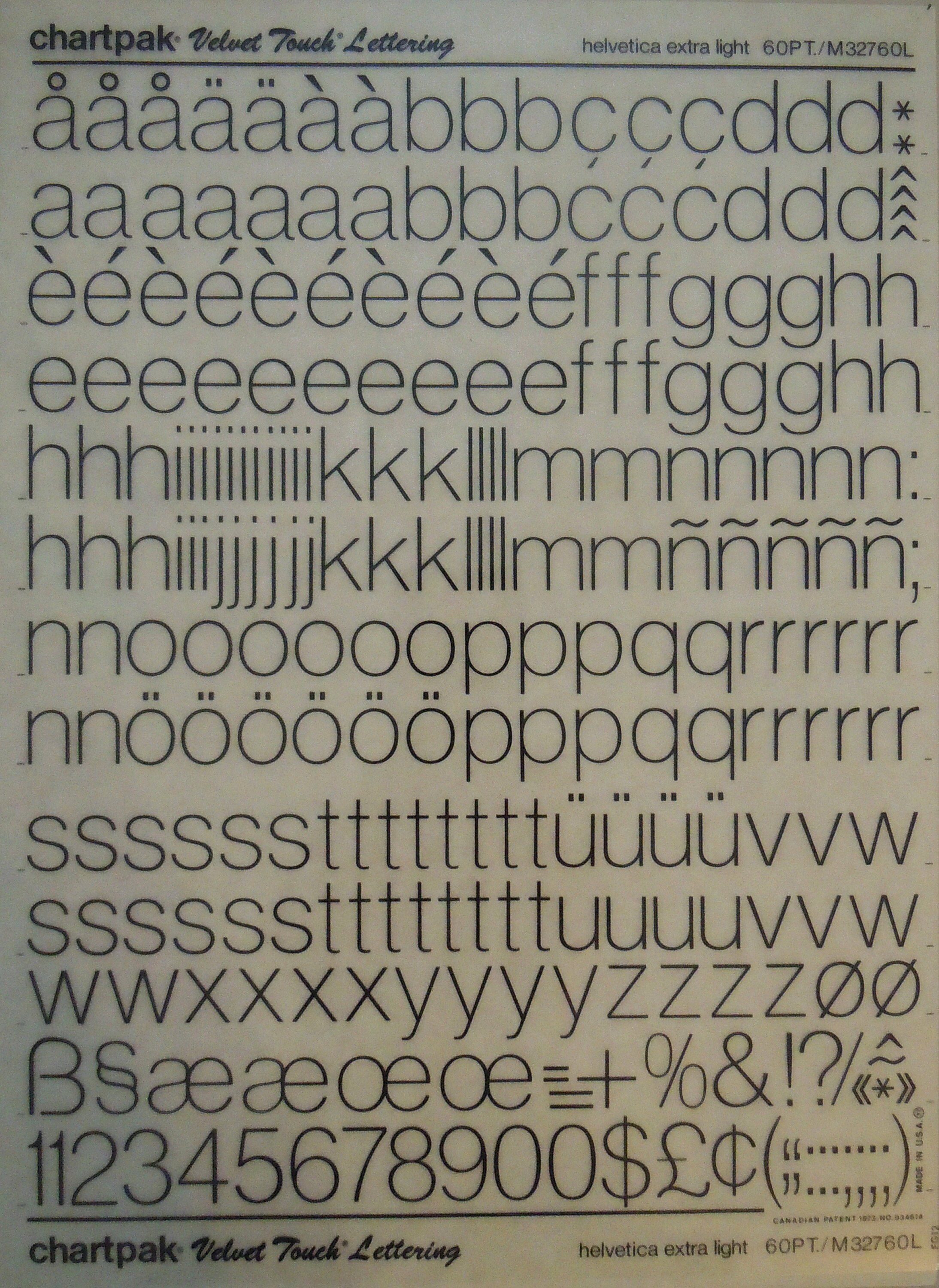 Chartpak Lettering Transfer HELVETICA EXTRA LIGHT (36pt/24pt/18pt) Chartpak Dry Letter Transfers ...
