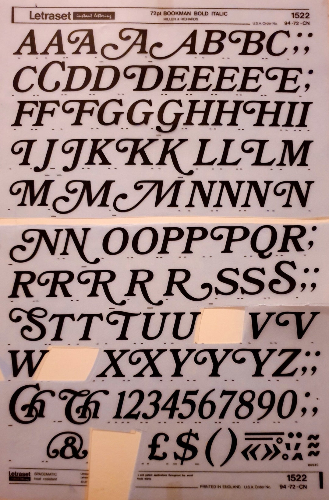 BOOKMAN BOLD ITALIC (36pt) Letraset Dry Rub on Letter/number Transfers ...
