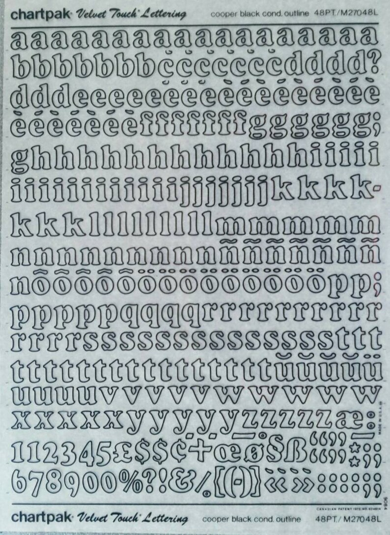 Chartpak Lettering Transfer COOPER BLACK Condensed OUTLINE (48pt/60pt/72pt/96pt) Chartpak Letter ...