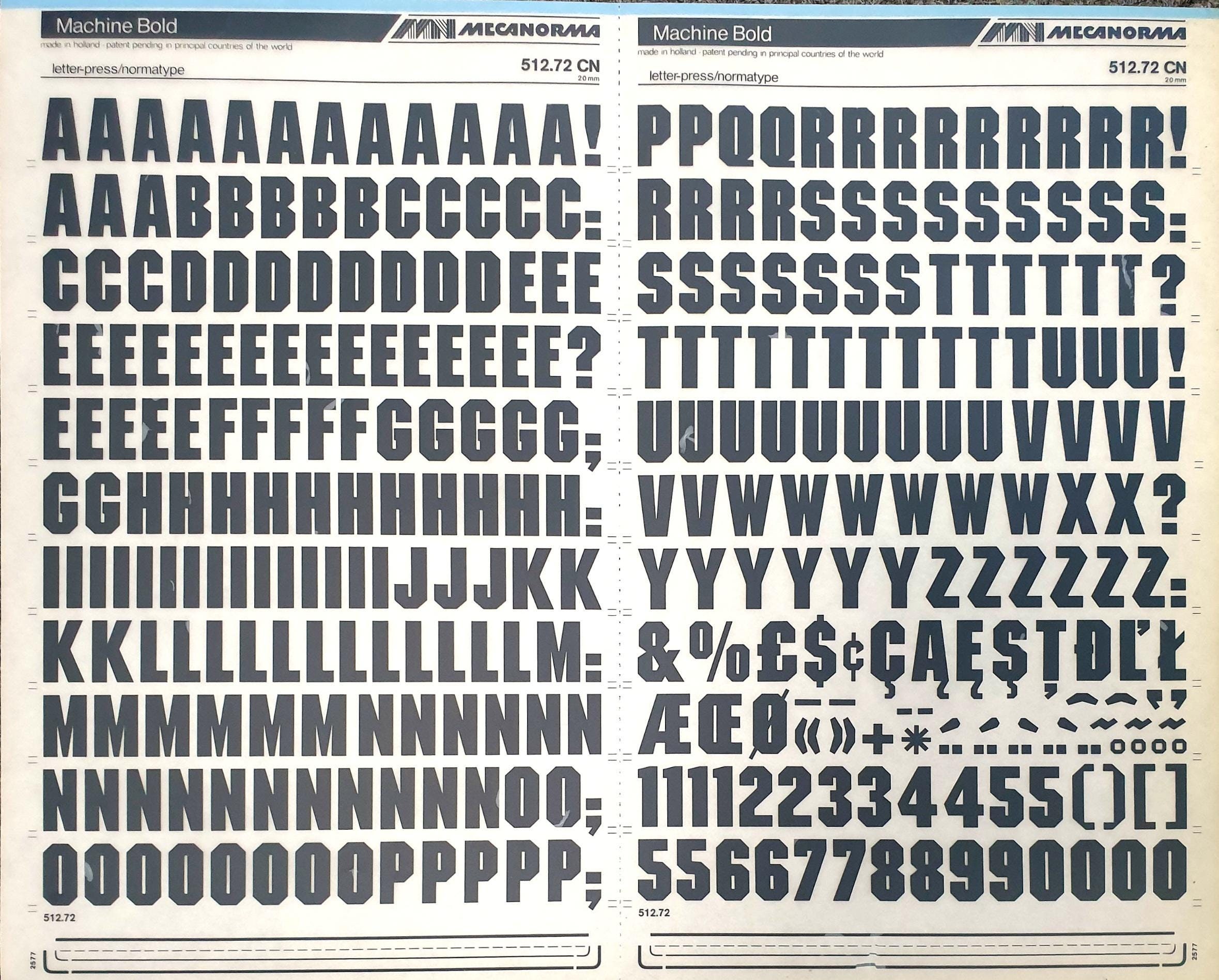 Letraset Machine MACHINE BOLD (72pt/36pt) Mecanorma Dry Rub on Letter Transfers (like ...