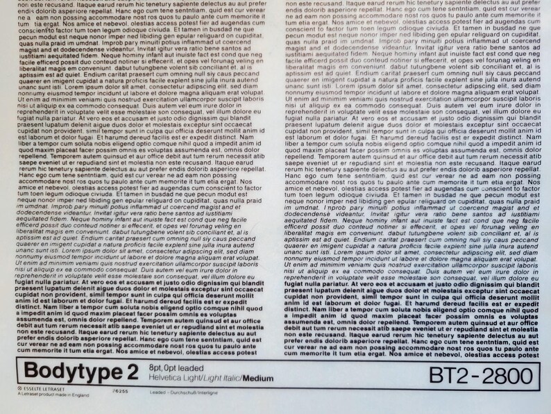 May include: A printed page with dense text, featuring the words "Bodytype 2" and "BT2-2800" at the bottom. The text is in a serif font, with a light/italic style. The page is white.