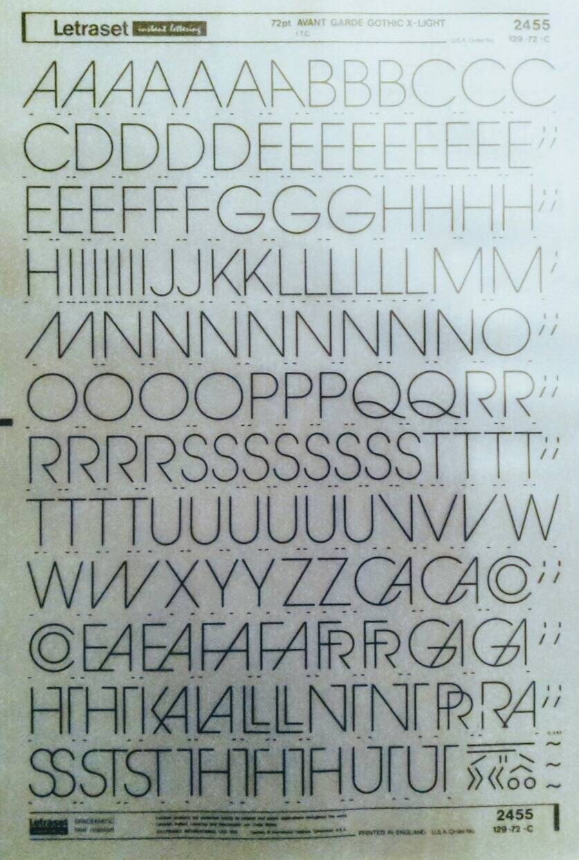 AVANT GARDE Gothic X-light (48pt) Letraset/ Chartpak Instant Rub