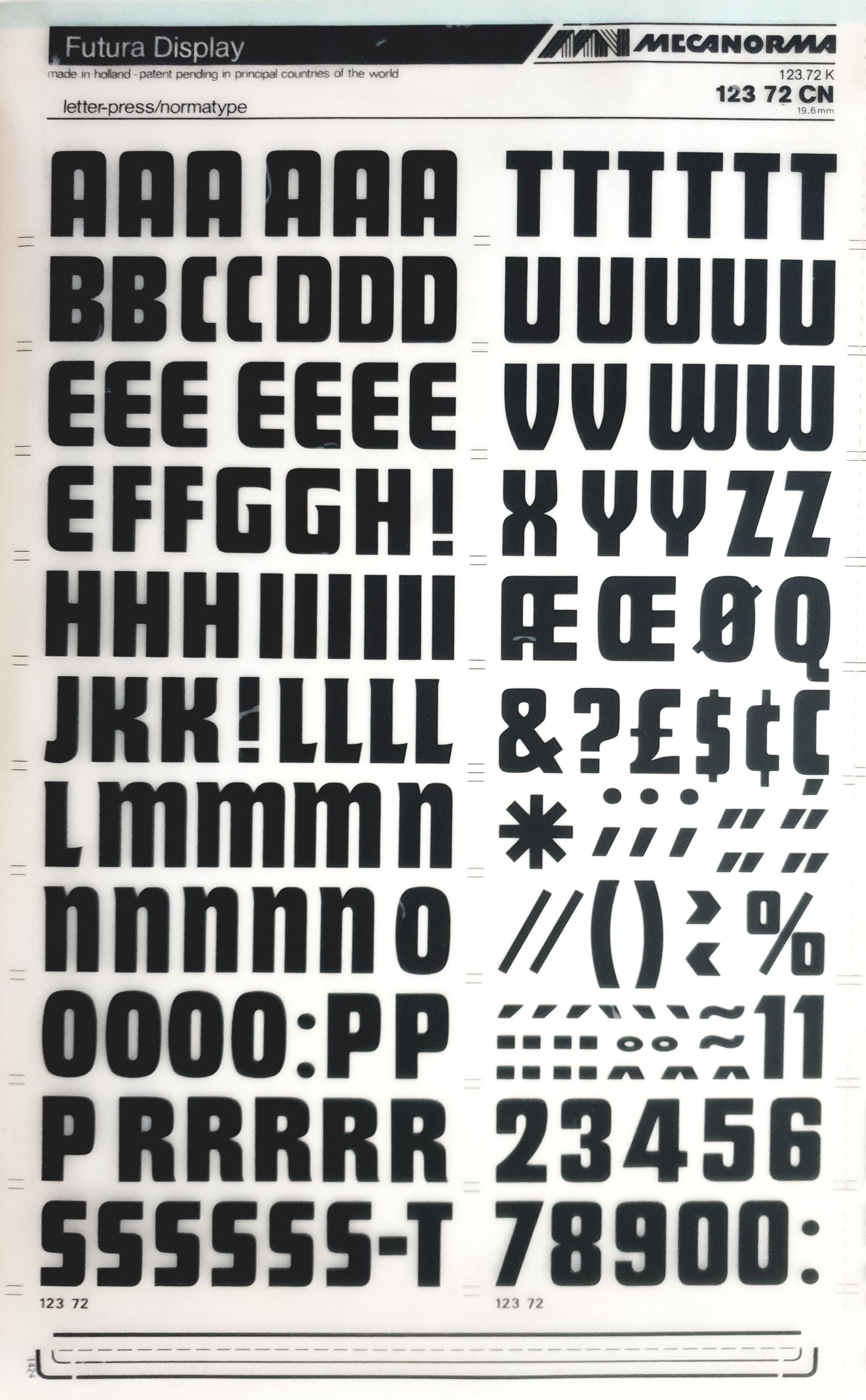 FUTURA DISPLAY (24pt/36pt/48pt/72pt) Mecanorma Dry Rub on Letter