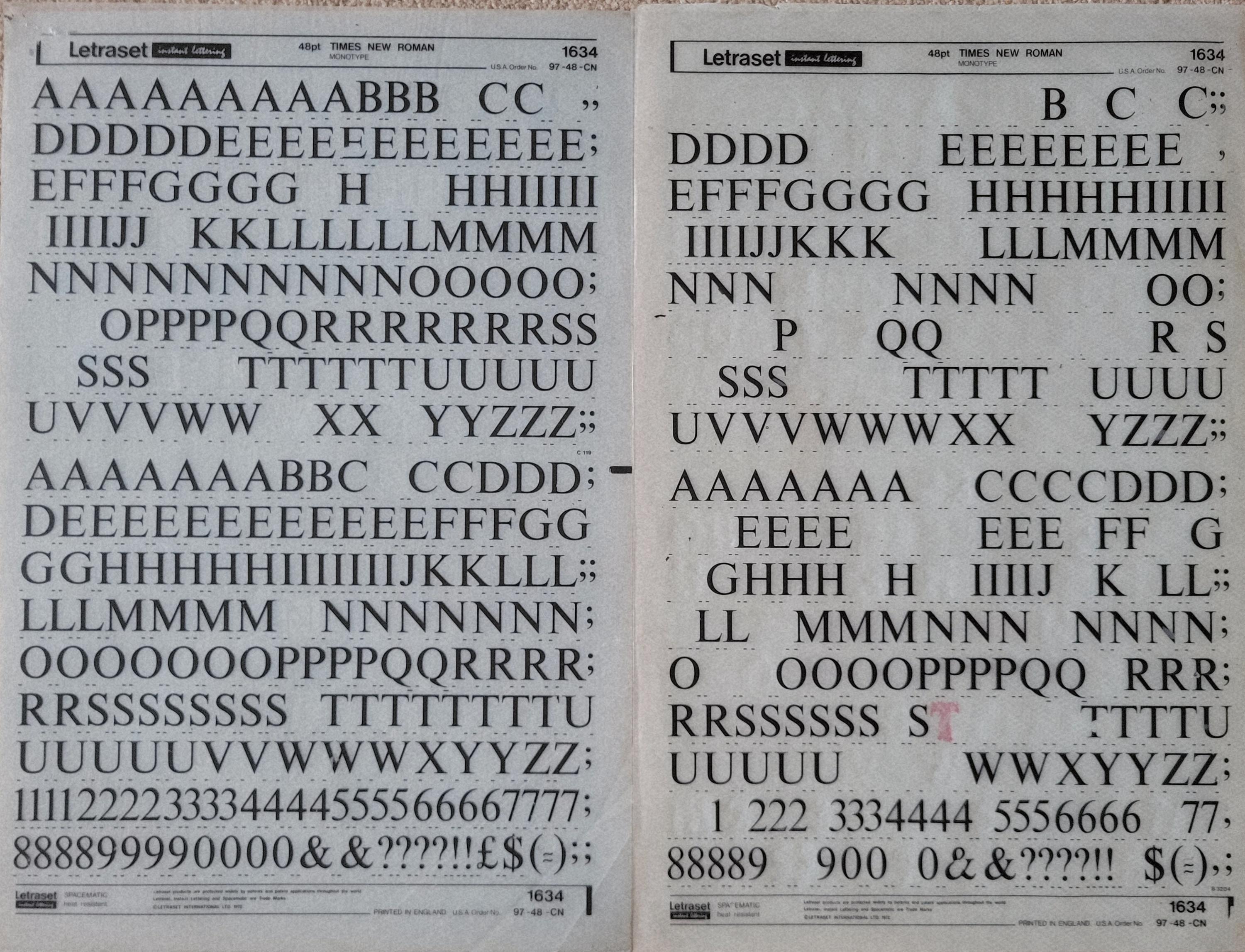 TIMES NEW ROMAN (60pt/48pt) Letraset Vintage Instant Lettering Rub on ...