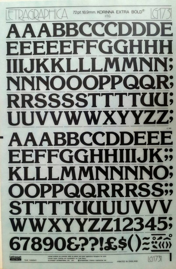 KORINNA Extra BOLD Letragraphica Letraset Dry Rub On Letter.