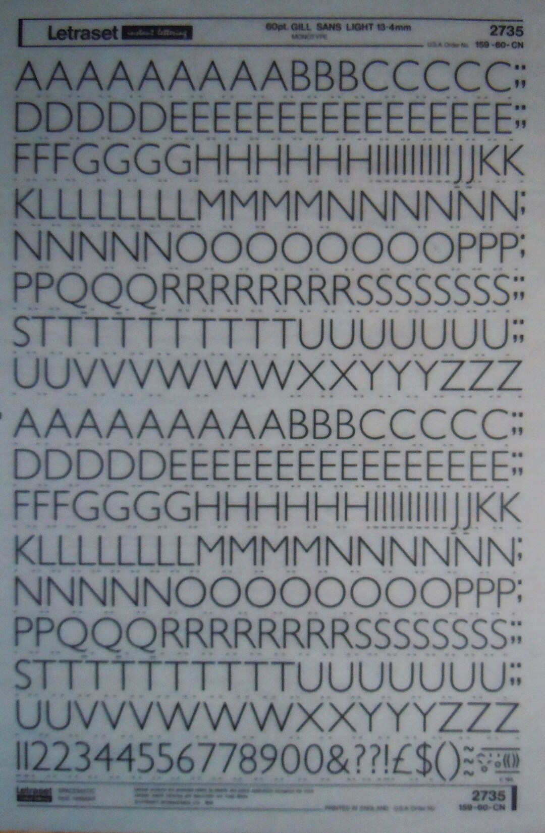 GILL SANS LIGHT (30pt/42pt/48pt) Letraset Vintage Instant Rub on Letter ...