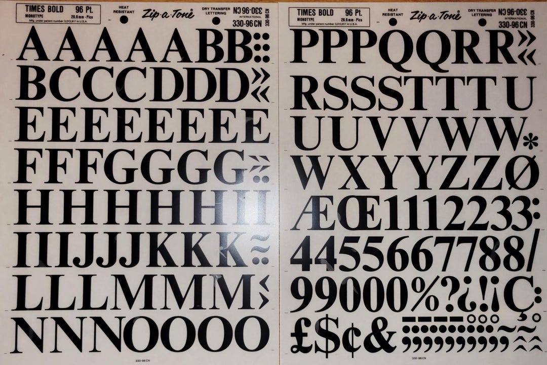 TIMES BOLD 96pt | Zip a Tone Dry Transfer Instant Lettering Vintage Rub ...