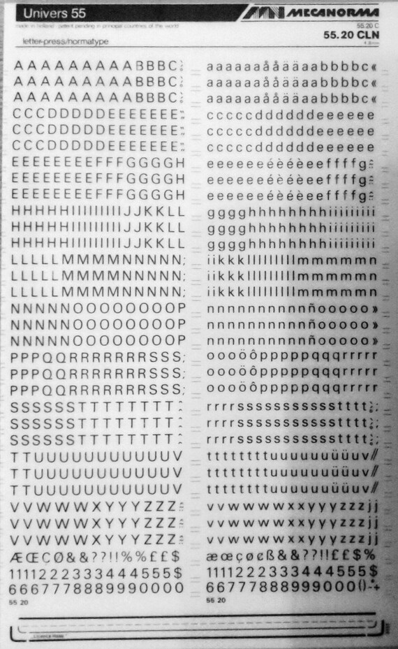 UNIVERS 55 (48pt/60pt/72pt) Mecanorma Vintage Instant Rub on