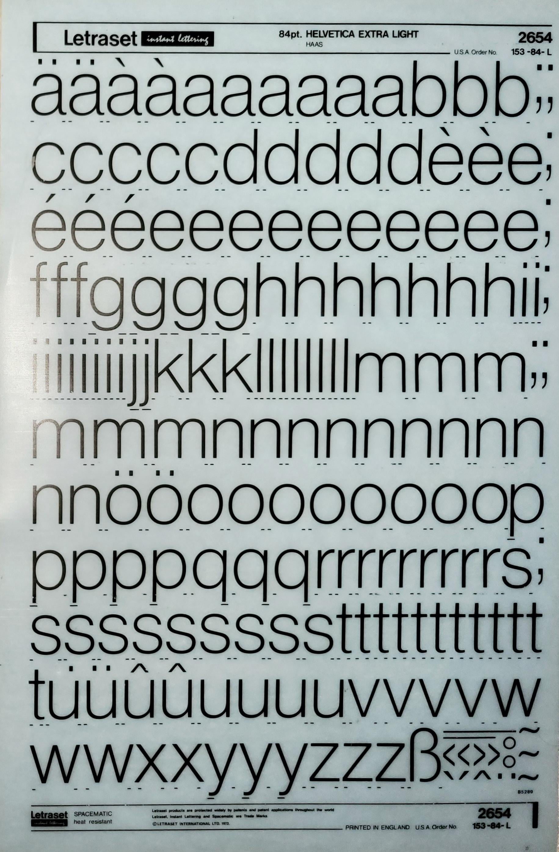 HELVETICA EXTRA LIGHT (84pt) Letraset Instant Rub on Letter Number