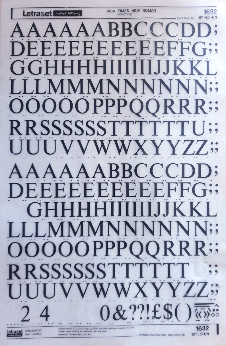 TIMES NEW ROMAN (30pt/48pt) Letraset Vintage Instant Lettering Rub on ...