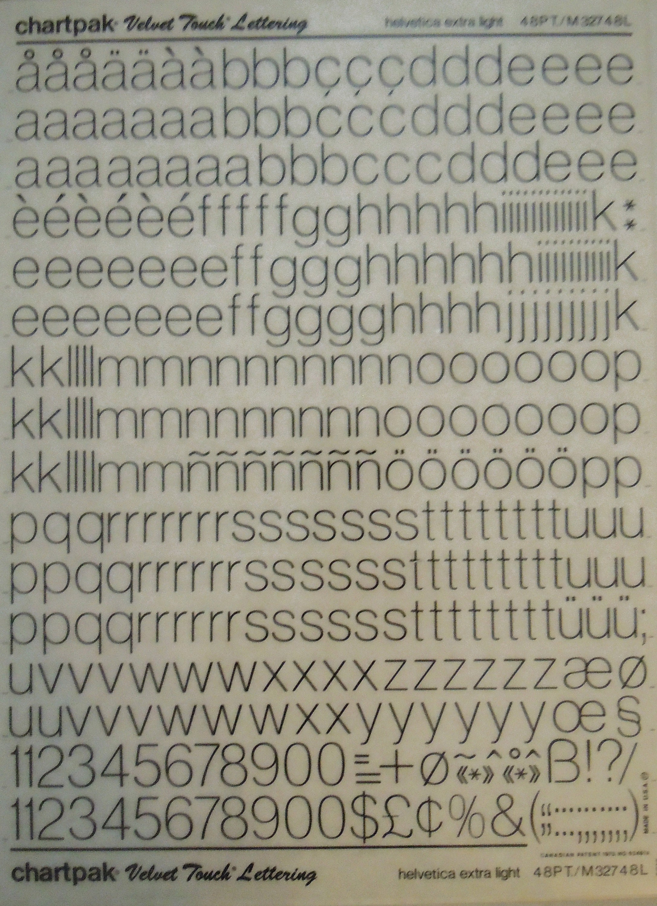 Chartpak Lettering Transfer HELVETICA EXTRA LIGHT (36pt/24pt/18pt) Chartpak Dry Letter Transfers ...