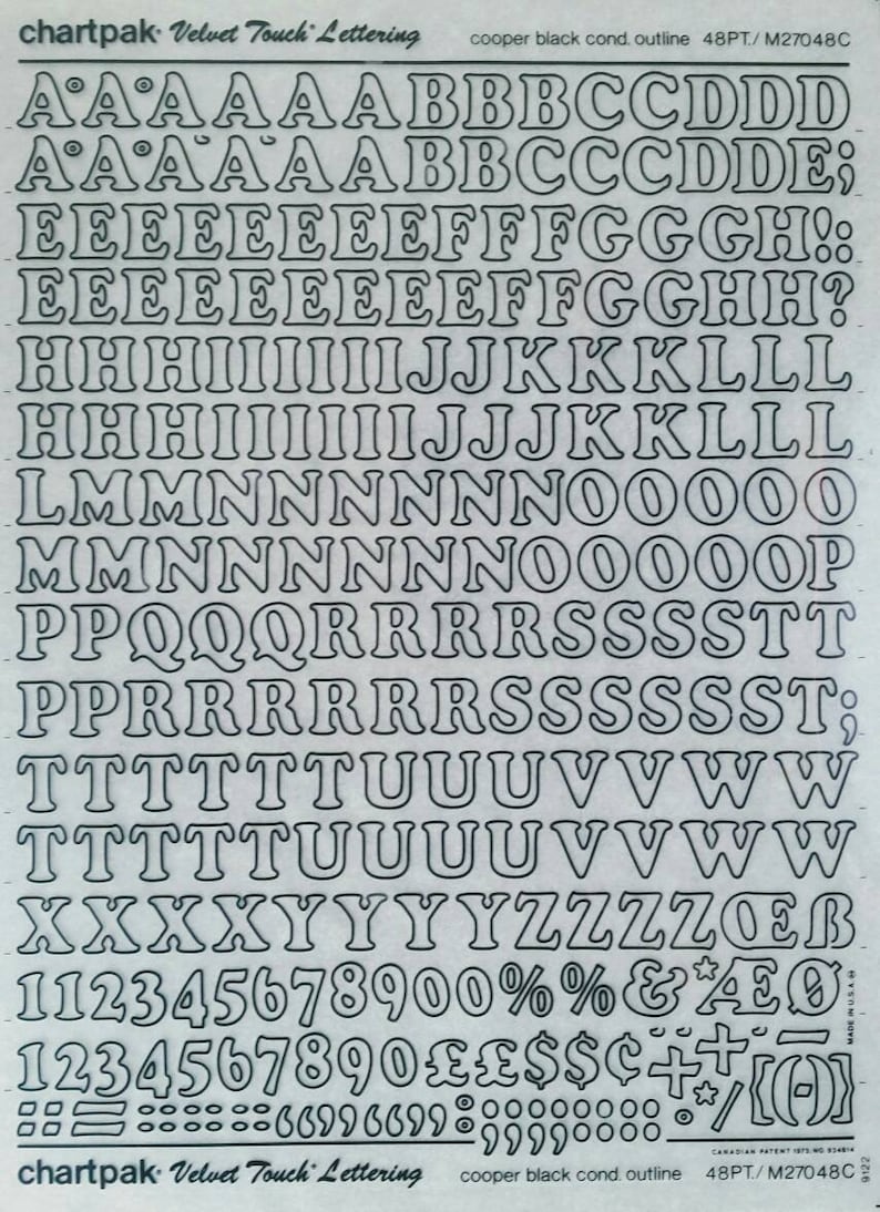 Chartpak Lettering Transfer COOPER BLACK Condensed OUTLINE (48pt/60pt/72pt/96pt) Chartpak Letter ...