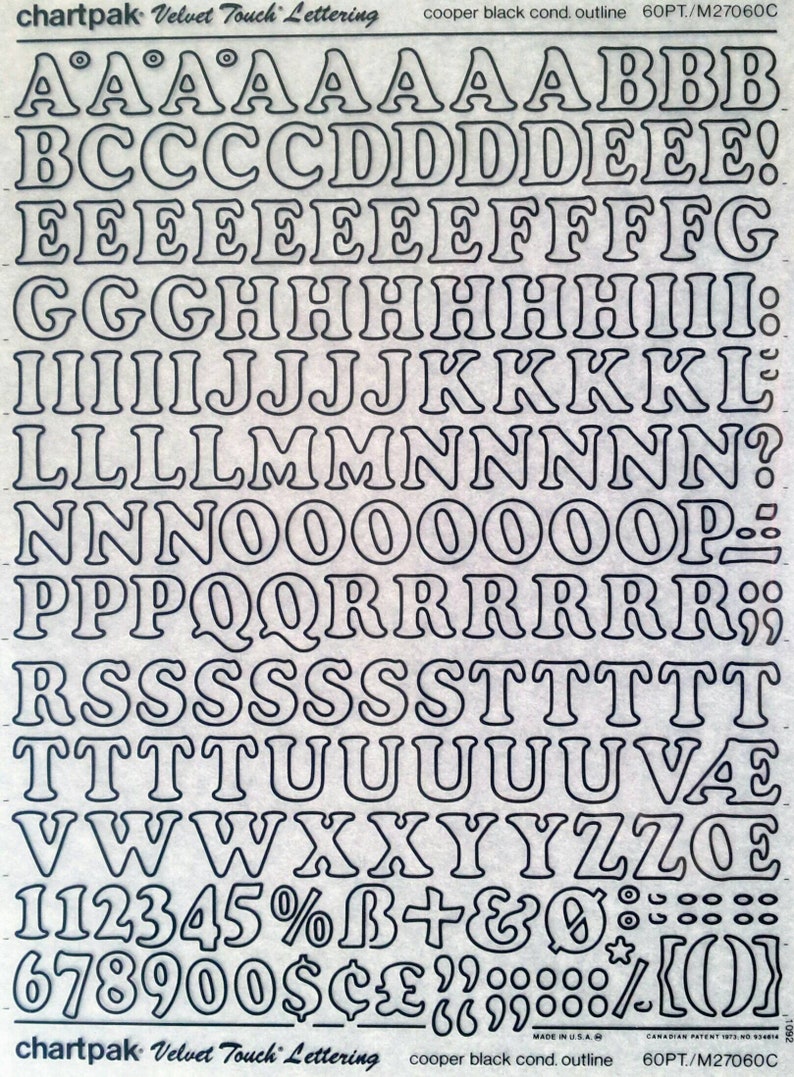 Chartpak Lettering Transfer COOPER BLACK Condensed OUTLINE (48pt/60pt/72pt/96pt) Chartpak Letter ...