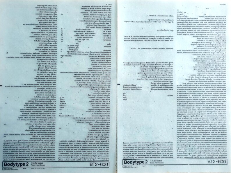 May include: Two-page spread of printed text on light blue paper. The text is arranged in columns and blocks, with a variety of fonts and sizes. The bottom of the pages include the text "Bodytype 2" and "BT2-600".