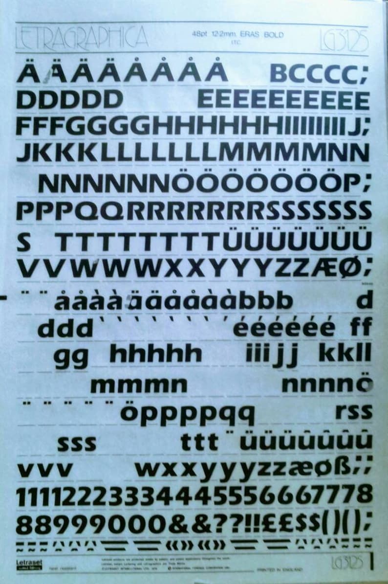 Rep Eras Lettering ERAS BOLD (60pt/48pt/36pt) Letragraphica Letraset Vintage Instant Rub ...