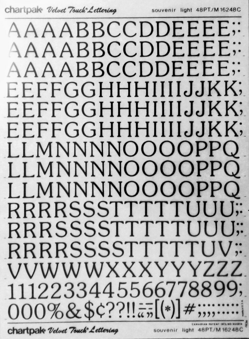 Chartpak Lettering Transfer SOUVENIR LIGHT (36pt - 72pt) Chartpak Letter/number Vintage Dry Rub on ...