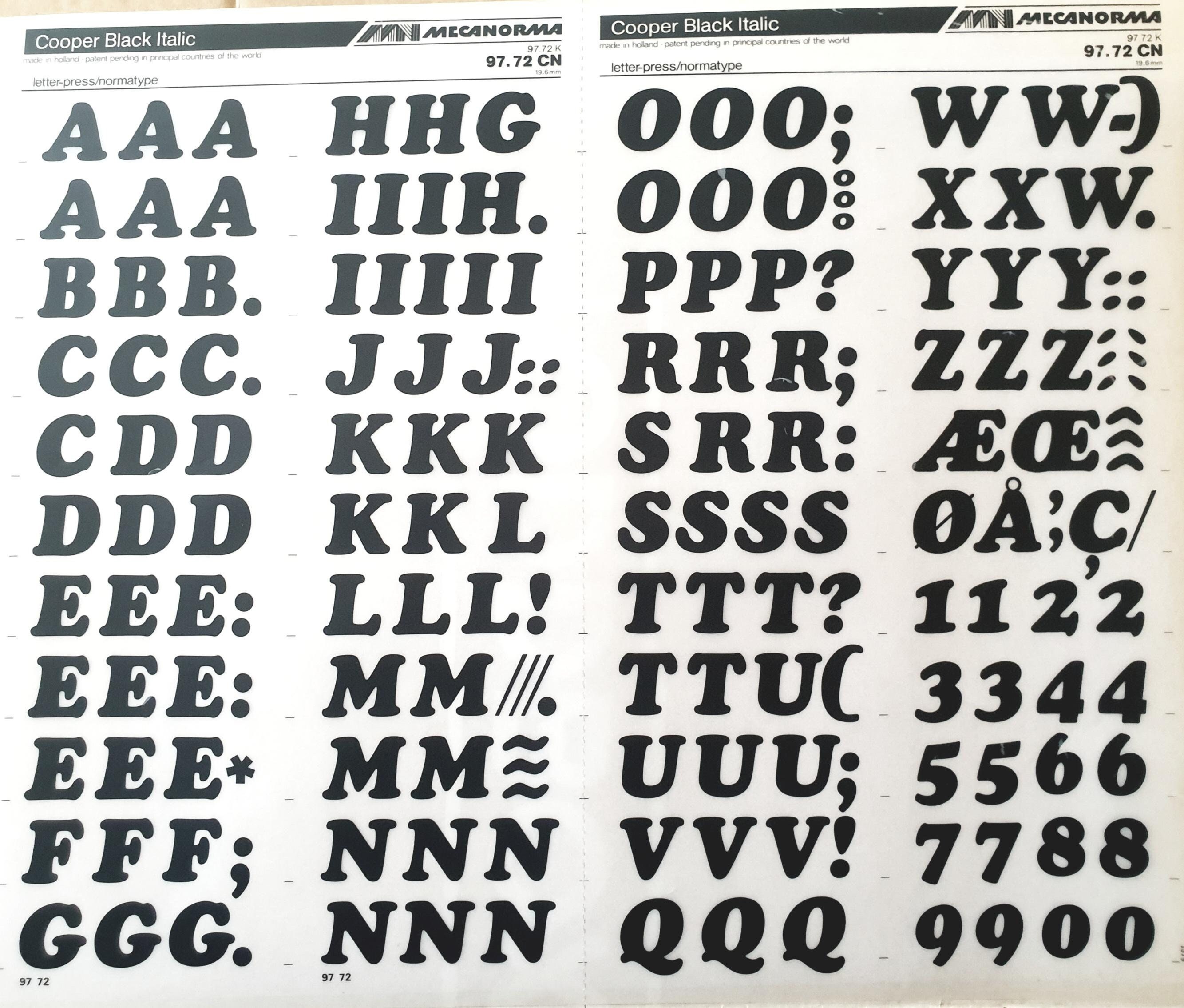 COOPER BLACK ITALIC (72pt/60pt/48pt) Mecanorma Letter/number