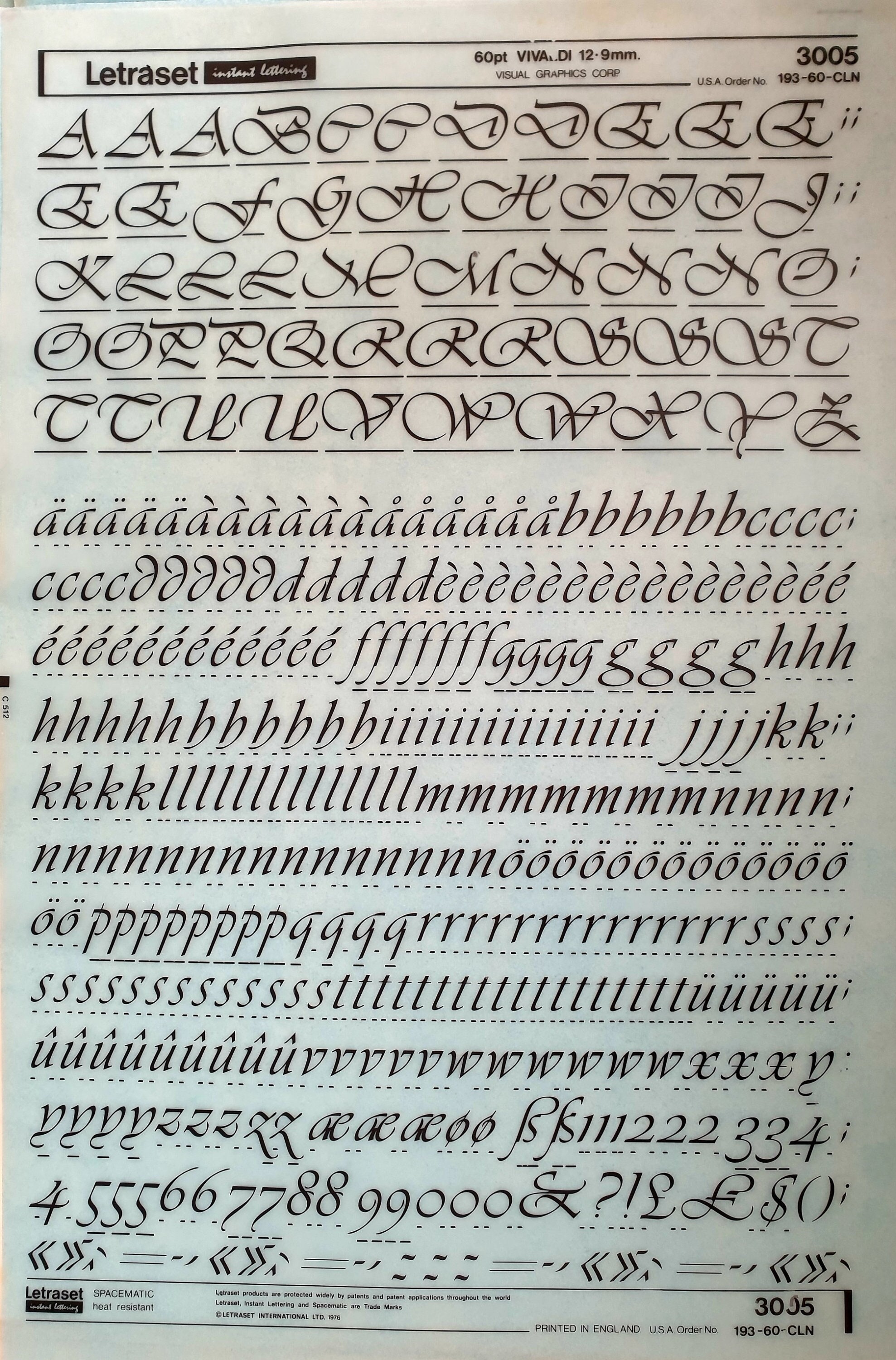 邦楽 LETTERS VIVALDI (24pt/36pt/48pt/60pt) Letraset Dry Rub on Letter/number