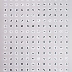 May include: A sheet of white stickers with black numbers from 1 to 100 in a grid pattern. The stickers are 9 mm in diameter. The text "letter-press" and "made in Holland, patent pending in principal countries of the world" is printed at the top of the sheet.