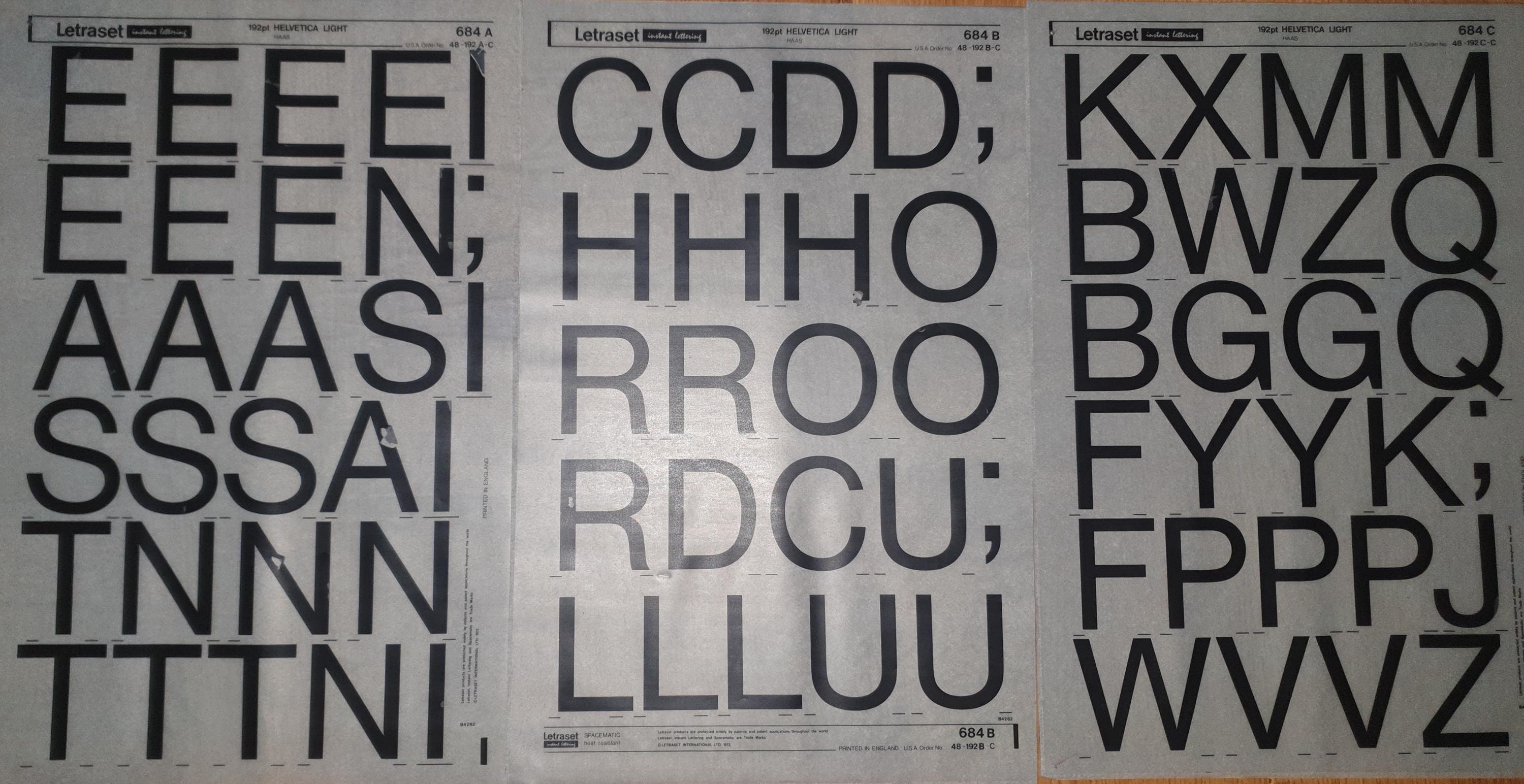 HELVETICA LIGHT (20pt/24pt/96pt) Letraset vintage instant dry rub on letter number transfers letterpress (choose font size)