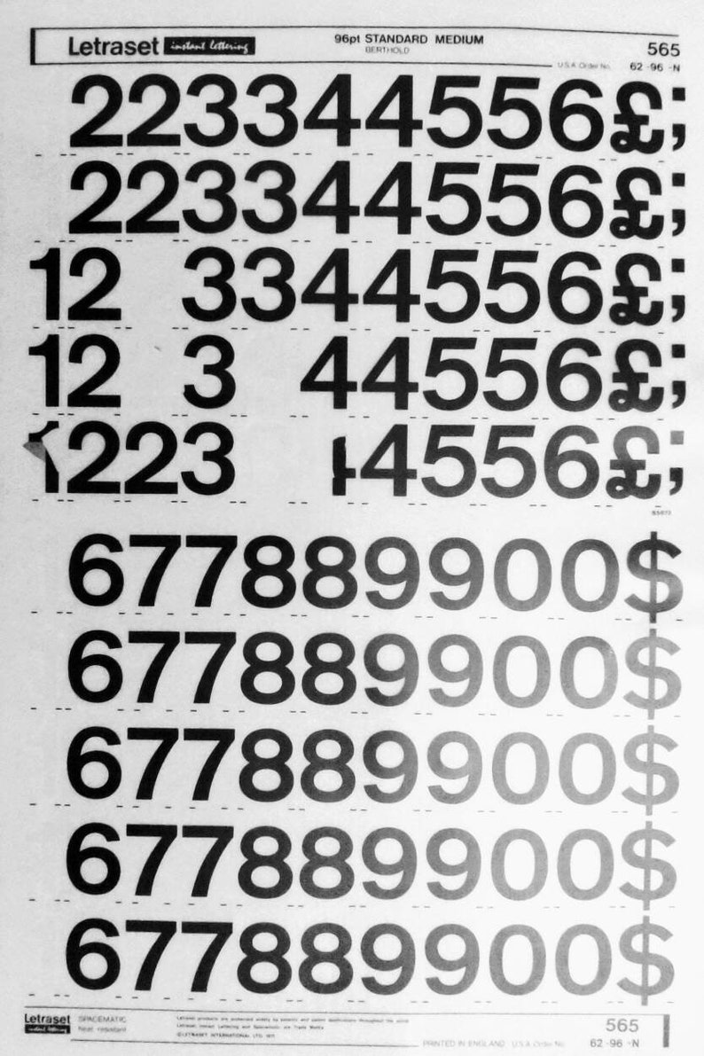 NUMBERS / NUMERALS Vintage Letraset / Chartpak Mecanorma Instant Rub on ...