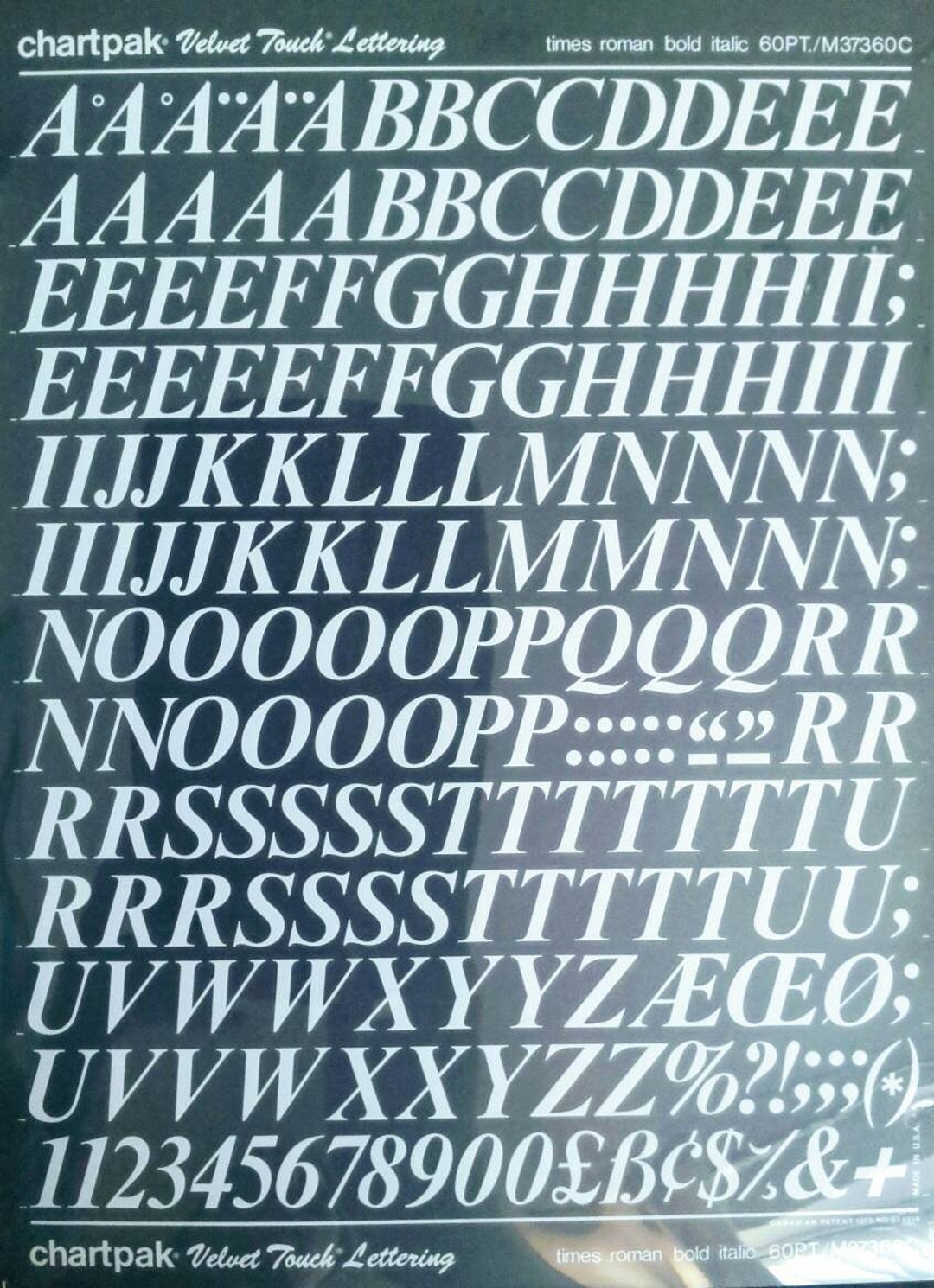 Chartpak Lettering Transfer TIMES ROMAN BOLD Italic (36pt/48pt) White Chartpak Letter/number Dry ...