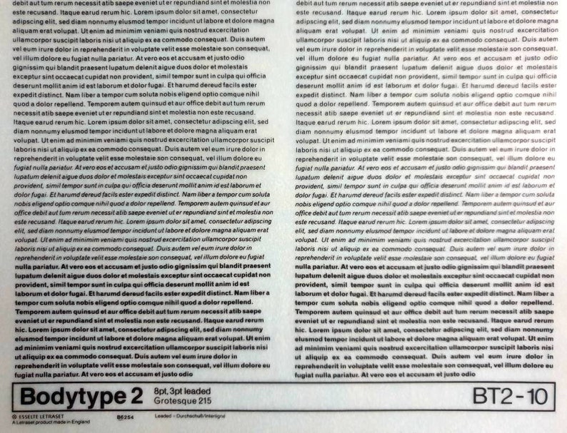 May include: A printed sheet with two columns of dense, small text. The text is in black, with a light gray background. The bottom of the sheet has the text "Bodytype 2" and other details.