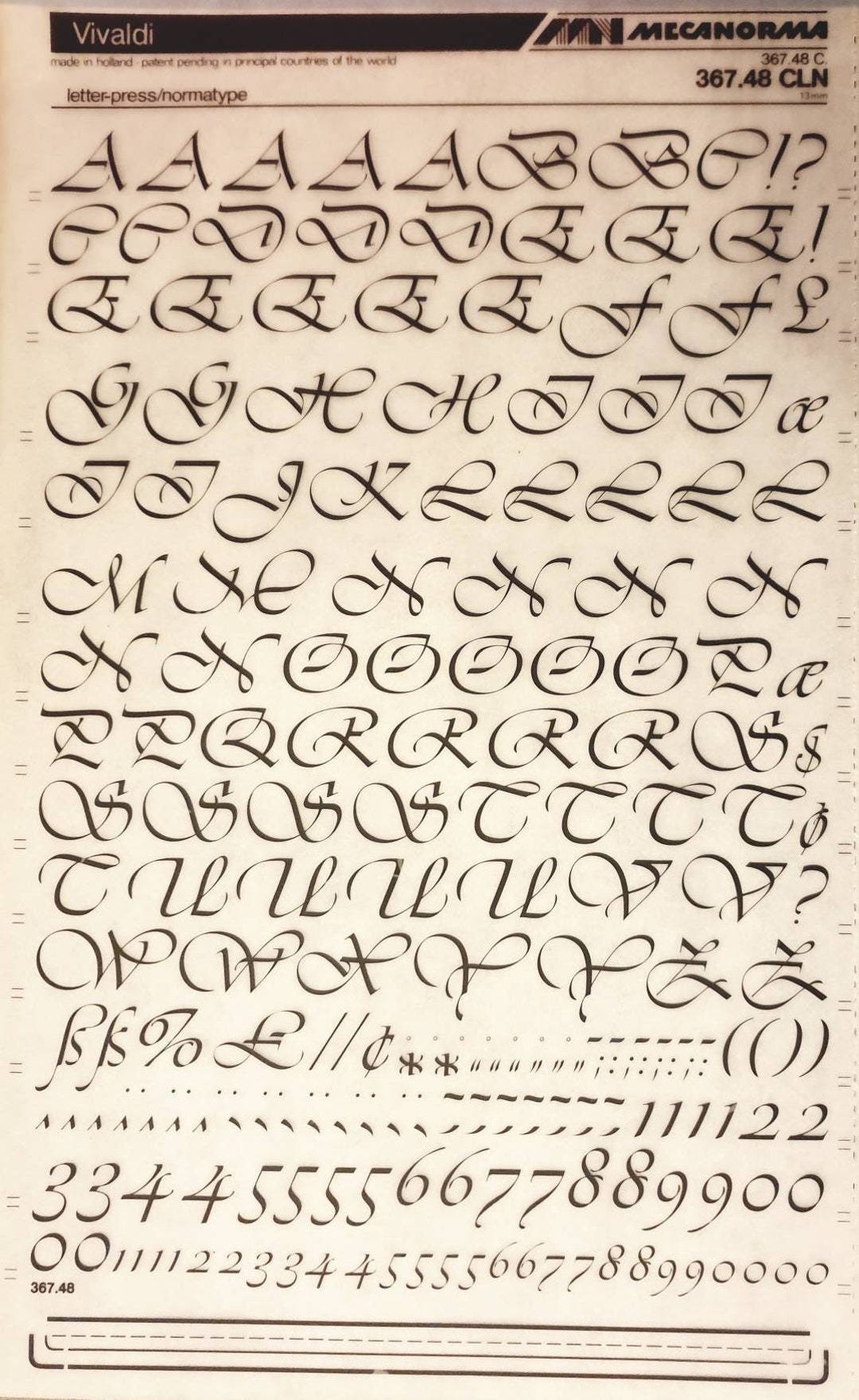 VIVALDI (48pt/36pt/24pt) Mecanorma Letter/number Vintage Dry Rub