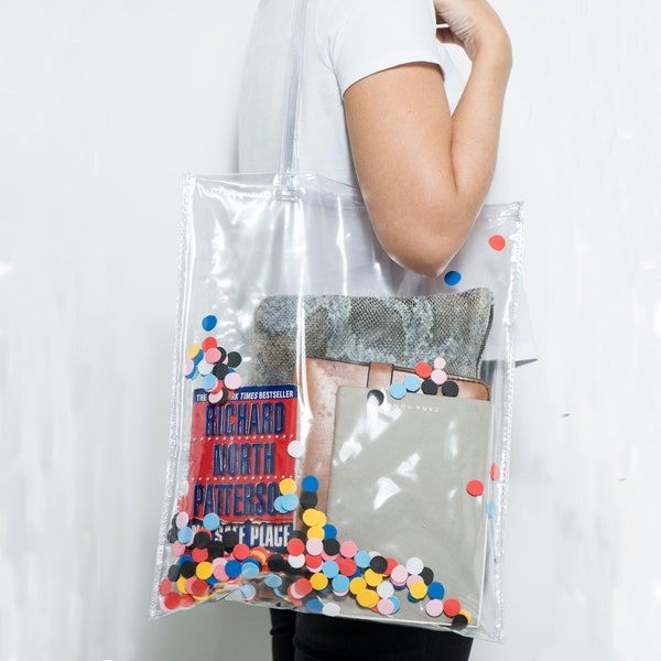 Clear tote bag with colour moving  confetti dots original design