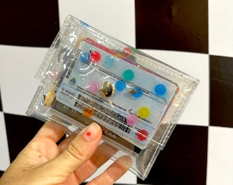 May include: Clear plastic card holder with colorful dots and a metal snap closure. The holder contains several cards, including a driver's license and a credit card.